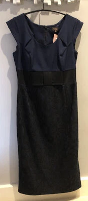 Phase Eight UK 10 Eur 36 Navy Blue Black Lace Pencil Fit Sample Dress Back Slit
