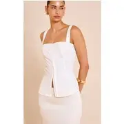 Ecru Hook And Eye Strappy Longline Top, Ecru