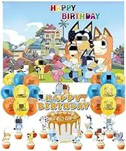 Blue Dog Themed Birthday Decoration, Decoration Children's Birthday Set, Party Supplies Set for Girl’s/Boy’s with Balloons , Backdrop,Cake Topper, Cupcake Topper,String Flag