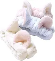 3Pcs Spa Makeup Headbands Cute Cotton Cat Ear HairBand Elastic Cosmetic Washing Face Shower Headbands Hair Accessories (Blue, White and Pink)