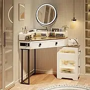 Dystler Corner Vanity with Mirror and Lights,Modern Makeup Vanity Set with Charging Station for Bedroom/Cloakroom,Glass Top Vanity Table with Drawers and Shelves,White