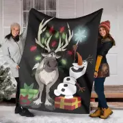 Festive Christmas With Frozen Olaf & Sven Reindeer Snowflake Holiday Blanket