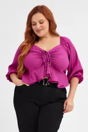 Purple Peplum Top Three Quater Sleevec Ruched