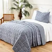softpage Navy Quilts Twin Quilt， Cotton Twin Quilt Bedding Set，2-Pieces Quilted Throw Blankets with Blue Stripe Bedding Coverlet Light Weight Navy Bedspread with 1 Pillow Sham
