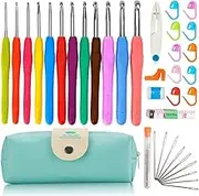 HOMIEST_AU 37 PCS Ergonomic Crochet Hooks Set, 2mm-8mm, Soft Handle, Large Eye, Blunt Needles, Stitch Markers Kit, Portable Case for Mom