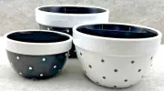 Set of 3 Graces Pantry Small Ceramic Bowls Black and White Polka Dot Nesting NEW