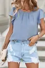 Solid Color Flounce Sleeve Pleated Round Neck Blouse