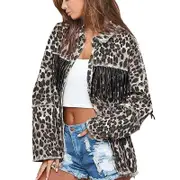 Nevenka Womens Leopard Print Jacket Button Down Fringe Vintage Denim Coat