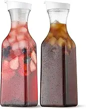NETANY Plastic 50 Oz Water Carafe with Flip Top Lid, Set of 2 Square Base Juice Containers, Clear Plastic Pitcher - for Water, Iced Tea, Juice, Beverage, Cold Brew and Mimosa Bar - Hand WASH ONLY