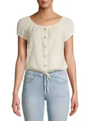 No Boundaries Top Juniors' Size L Delicate Ivory Cinched Button Tie Front --N5--
