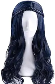 HAGERYLB 60CM Dark Blue Descendants 2 Evie Long Wavy Curly Wig With Braid Cosplay Costume Heat Resistant Hair Women Cosplay Wig