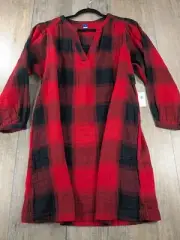 Old Navy Dress Womens Medium Red Black Plaid Peasant Long Sleeve Grunge NWT