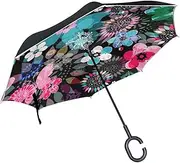 Double Layer Inverted Umbrella Cars Reverse Umbrella Beautiful Colorful Flower Butterfly Windproof UV Proof Travel Outdoor Umbrella