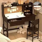 NKUGCFC Ergonomic Height Adjustable Childrens Study Desk with 2 Drawers, Kids Study Kids Art Table with Storage,with 3-Color Lights, Espresso Kids Desk and Chair Set for 5-18 Year Old-DD40