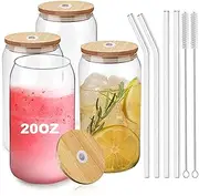 [D.M DESIGN·MASTER] [Pack of 4, 590 ml] Premium Drinking Glasses with Bamboo Lid and Glass Straws, Long Drink Glasses, Can-shaped Glass Cups, Perfect for Beer, Cocktails, Iced Coffee, Iced Tea and Soda.
