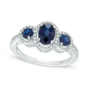 Oval Lab-Created Blue and White Sapphire Frame Three Stone Ring in Sterling Silver