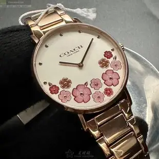 COACH 蔻馳女錶 36mm 玫瑰金圓形精鋼錶殼 白色中二針顯示, 山茶花錶面款 CH00202