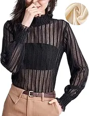 [YEKEYI] Women Long Sleeve Mesh Top Sheer Blouse See Through Floral Lace Tops Thickening Keep Warm, Thicken Black, Medium