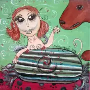 Dog Discovers Faery 4 x 6 Art Print Vintage Style Artist KSams Fairy Collectible