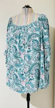 Autograph Plus Size 28 Top Teal Blue Pink Paisley Floral Wide Sleeve NEW RRP$79