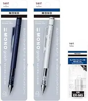 Tombow PCA-341AAZ Mechanical Pencil, Mono, Monograph, 0.5mm, Navy, Gray, Set of 2 with Eraser Replacement