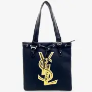 Yves Saint Laurent Black Tote Bag Handbag Canvas Cosmetics Gold Logo Japan