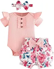 [GDTOGRT] Baby Girl Clothes Newborn Infant Outfit Ruffle Romper and Short Pants Clothing Sets for Summer Spring, Baby-pink-love, 12-18 Months