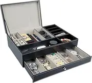 Neehows Nightstand Organizer Valet Tray for Men, Men's Jewelry Organizer Box Jewelry Tray, 2 Layers PU Leather Table Beside Watch Case Entryway Storage EDC Dump Catchall Trays with Drawer - Black