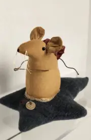 Primitive Folk Art Plush Mouse on star Nightcap Brown Blue Flanel Star Decor