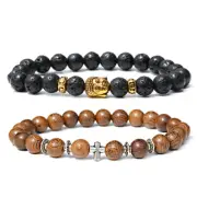 8mm Natural Stone Buddha Lava Beads Bracelets Crosses Wood Buddhism Yoga Gift