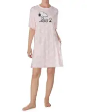 NWT Peanuts Pink/White SNOOPY & WOODSTOCK Soft Knit Stretch Nightgown M POCKETS