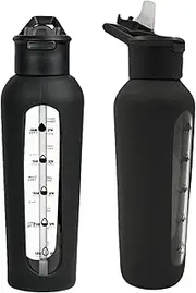 HENGFEI Glass Water Bottle with Straw, Borosilicate Glass Drink Bottle 700ml with Silicone Sleeve,Time and Measurement Markings，Black