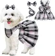 Dog Dress Bowknot Harness Leash Set for Small Dogs Girl Cute Plaid Dog Dress Pearls Bow Tie Spring Summer Princess Clothes Birthday Holiday Doggie Outfits for Puppy Cats Girl Apparel (Black, Large)