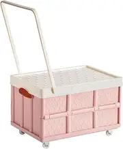 [DOITOOL] Grocery Cart Lidded Storage Bin Collapsible Rolling Crate on Wheels Stackable Clothes Storage Box with Wheels, Pink Foldable Camping Wagon