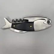 Kikkerland Black Wood Fish Corkscrew Waiters Friend Wine Beer Bottle Opener