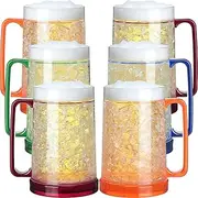 Freezer Beer Mugs with Gel, 16oz Double Wall Insulated Mug, Plastic Mugs with Handles, Freezer Mug for Beer, Clear Double Wall Gel Freezer Mugs for BBQs and Parties (Red/Orange/Blue/Green, 6 Pcs)