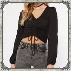 Ruched Cropped Blouse Top Tie String Front Long Billowy Sleeve Cinched Shirt Tee
