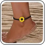 [Atentuyi] Boho Barefoot Sandals Daisy Flower Anklet Bracelet Stretch Braided Rope Black Leather Anklet Foot Chain Sunflower Summer Beach Petite Cute Floral Holiday Simple Ocean Women