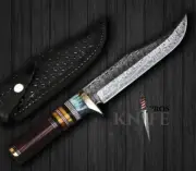 HANDMADE DAMASCUS STEEL OUTLOW FIGHTING BOWIE KNIFE FULL TANG W/LEATHER SHEATH