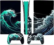 Skin Sticker for PS5 Slim Disc, Protective Skin Wrap Vinyl Decal for PS5 Slim Disc, Full Cover for PS5 Slim Console and Controller (Green Sea Wave)