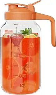 Glass Mason Jar Pitcher, 64 oz Wide Mouth Jug with Pour Spout Handle Lid for Cold Brew Coffee, Ice Beverage, Iced Juice, Lemonade, Sun Tea, Fruit Drinks Container（Orange）