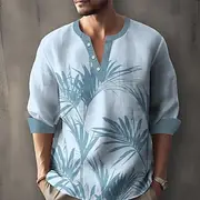 Men's Plants Palm Leaf Shirt Henley Shirt Tunic Shirts Long Sleeve Casual Outdoor Vacation Daily Summer Spring V Neck Button Up 3D Print Linen Like Shirt Pink