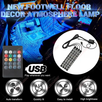 4x 36LED RGB Car Interior Atmosphere Footwell USB Strip Lights Decor Lamp