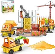 PicassoTiles Magnet Tile Construction Themed Building Blocks 5-in-1 Crane, Ladder, Dump Truck, Excavator, and Backhoe Action Figures, 2 Car Base Vehicles Magnetic Tiles Learning Toys Kids Ages3+ PTU06