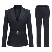 Allthemen Womens 2-Piece Business Professional Office Lady Peaked Lapel Slim Waist Belt Suit Black S