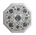 White Marble Coffee Table Top Inlay Work Side Table with Floral Design for Home