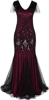 [Sundeer] Women’s 1920s Vintage Sequins Fringe Long Gatsby Flapper Dress Formal Wedding Evening Maxi Gown Party Cocktail Dresses, Black + Red, X-Large