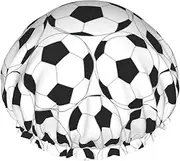 Black And White Soccer Ball Pattern Print Shower Cap For Women Reusable Double Layer Stylish Soft Bath Cap With Lining Elastic Band