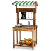 Babyjoy Double-Sided Mud Kitchen & Wooden Barbecue Grill Playset w/Canopy & Chalkboard Pretend Toys Brown