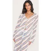 Blue Stripe Tie Detail Floaty Long Top, Blue